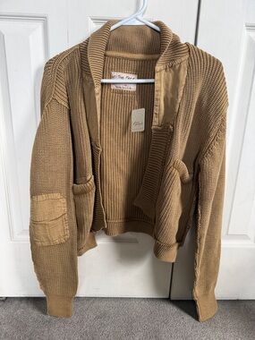 We The Free Chunky Knit Open-Front Cardigan in Camel Brown